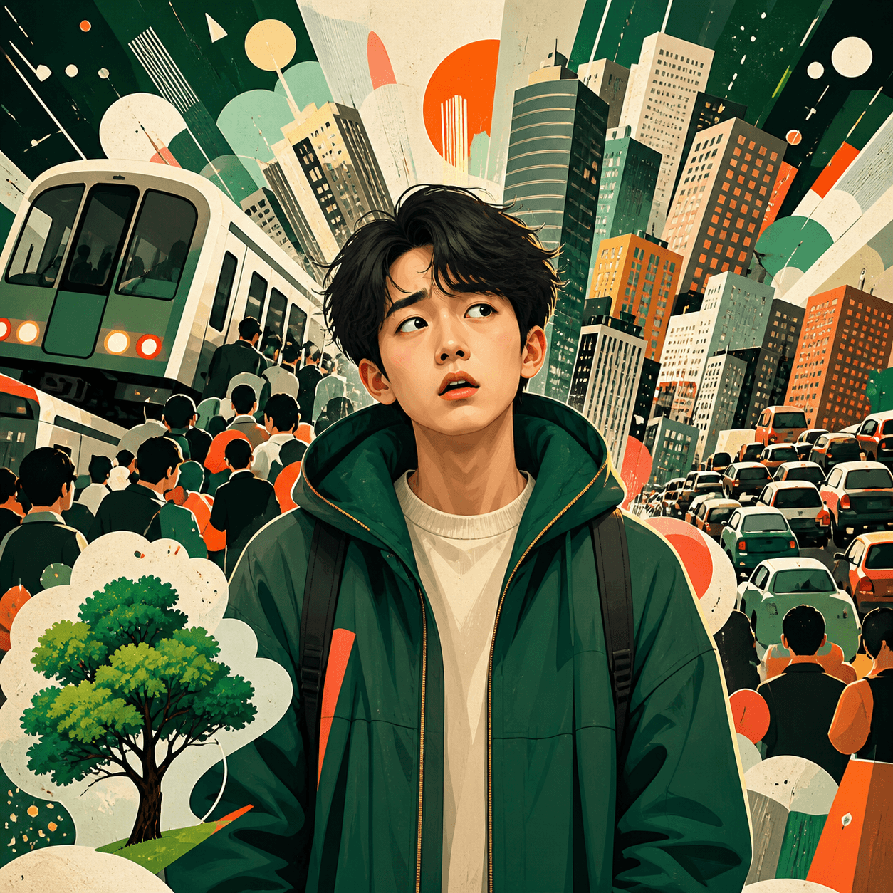 拥挤城市中感到无所适从的青年插画